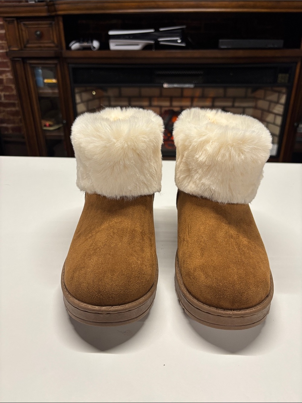 White Mountain Chestnut Suede Ankle Boots with Cream Faux Fur Cuff